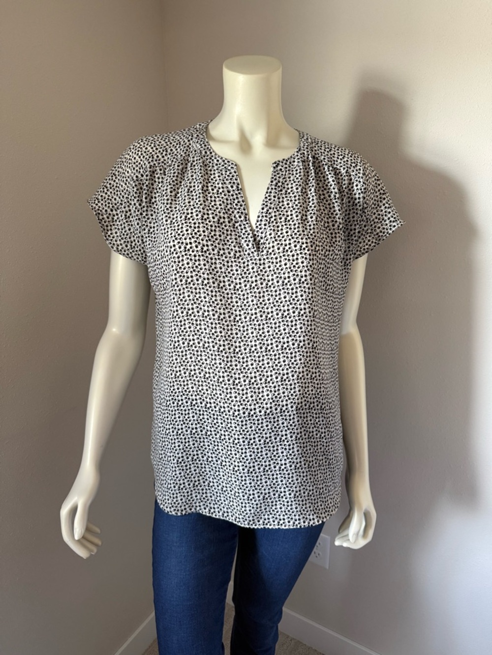 Banana Republic Black & White Dot-Print Split-Neck Blouse